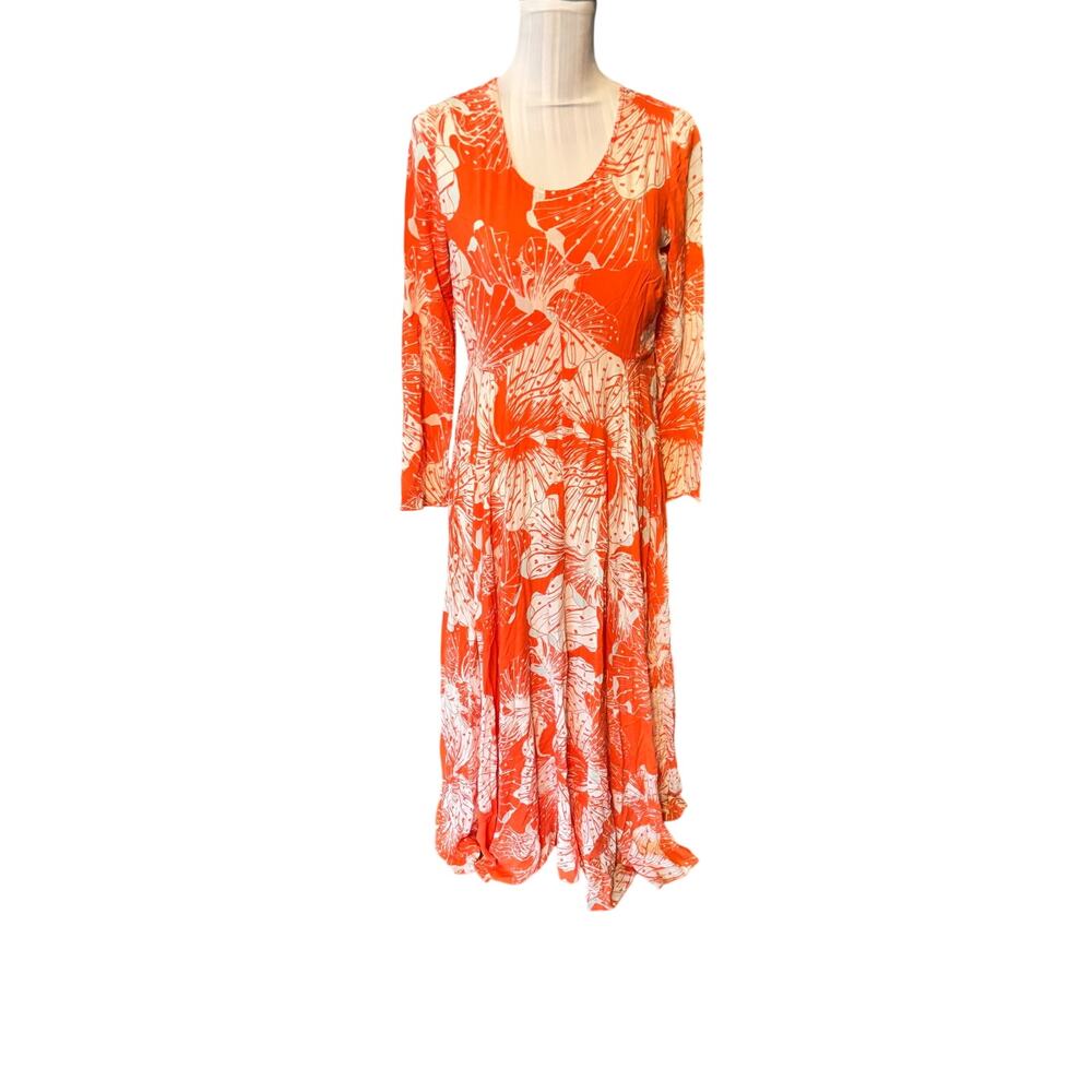 Free People First Kiss Maxi Dress Orange Floral Long Sleeve Rayon Bohemian S